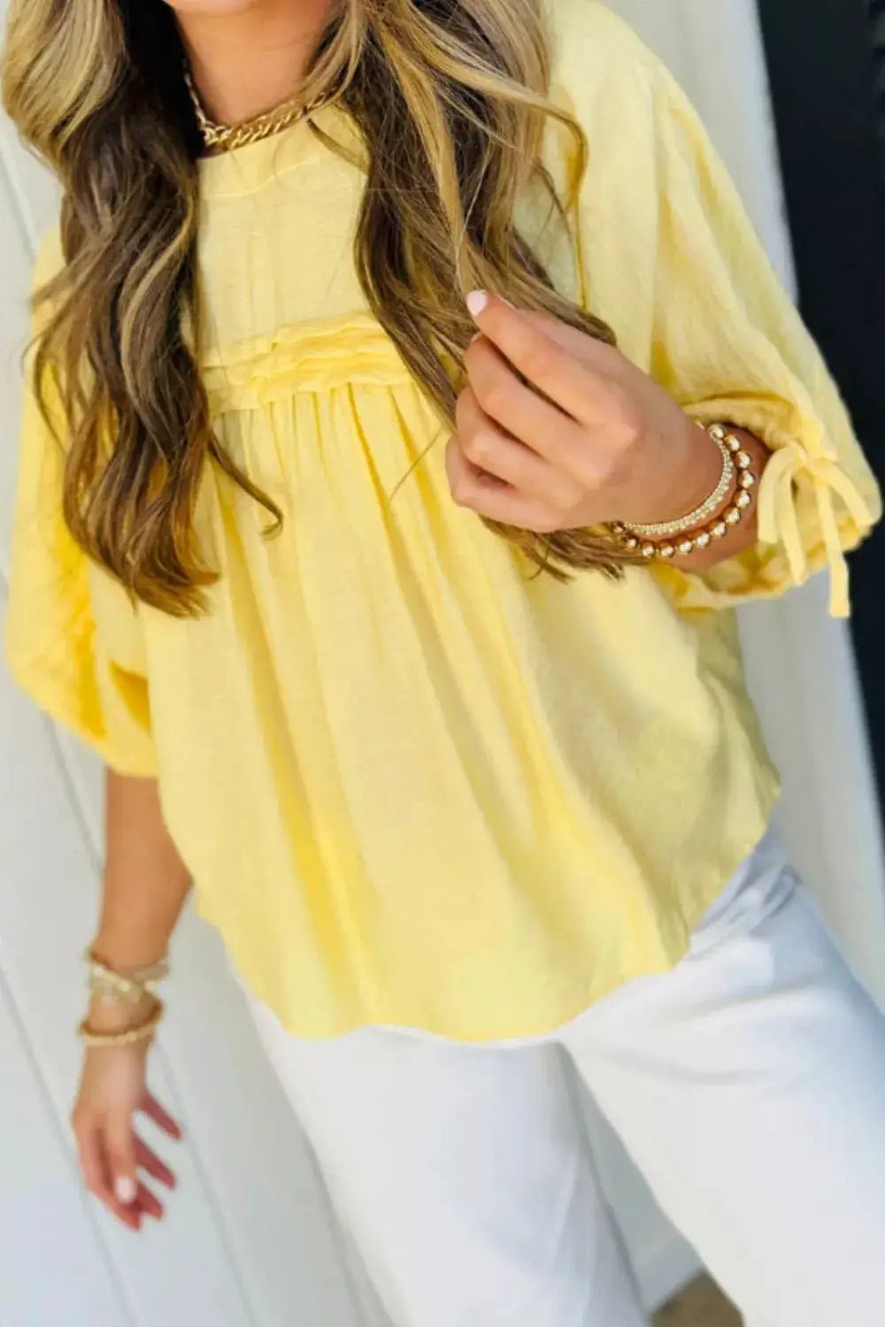 Yellow Tie Detail Pleated Babydoll Blouse With Half Sleeves - Fritsch & Co.