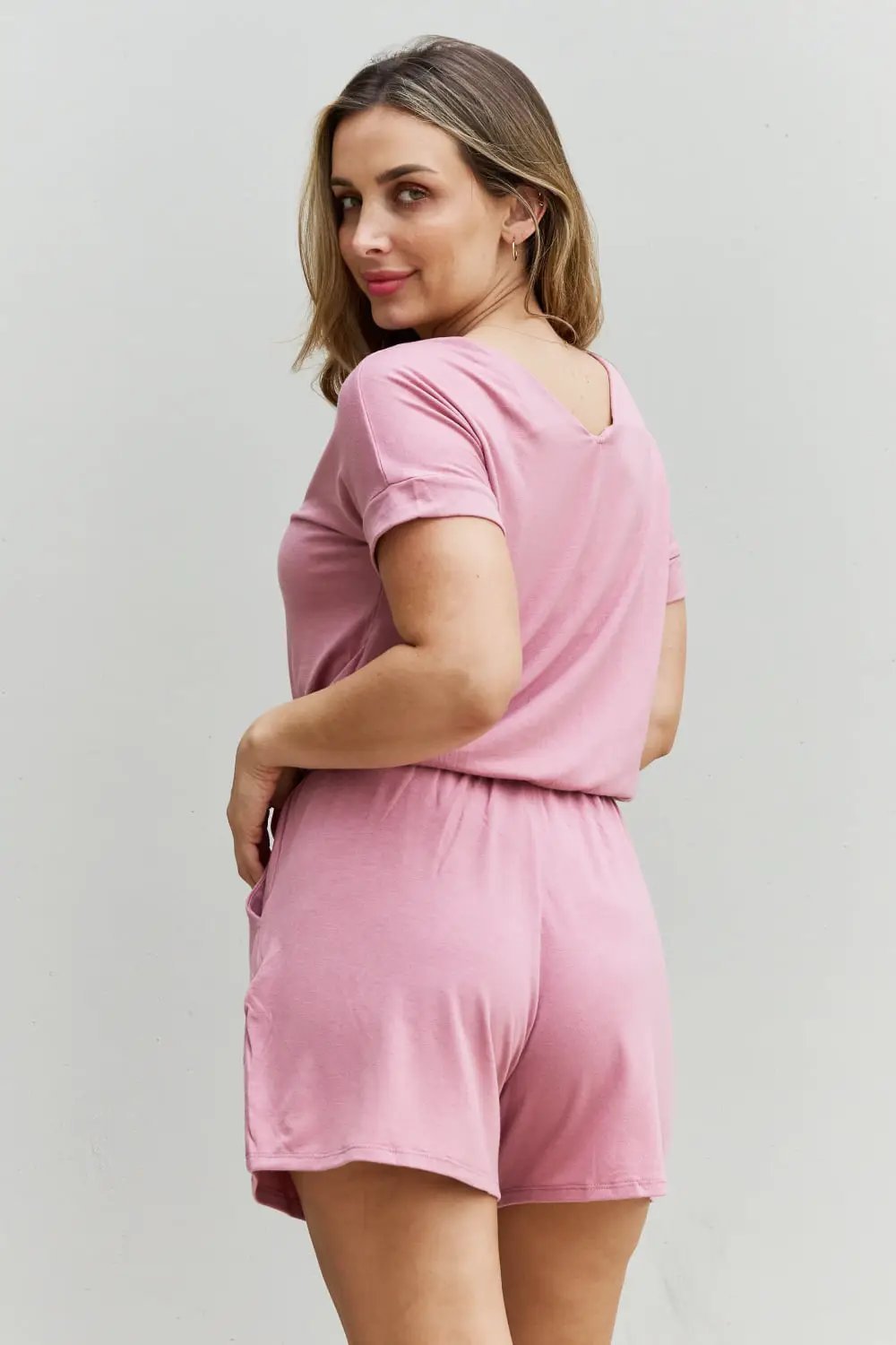 Zenana Chilled Out Full Size Short Sleeve Romper Light Carnation Pink - Fritsch & Co.