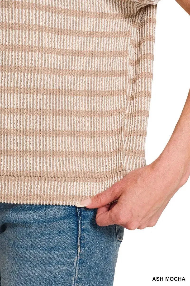 Zenana Raised Rib Stripe Knit Top For Women Soft Comfortable Casual Tee - Fritsch & Co.