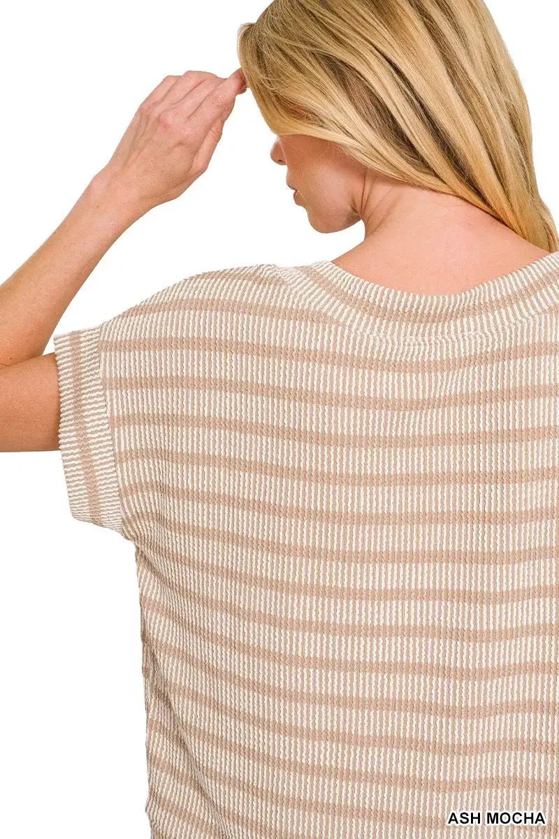 Zenana Raised Rib Stripe Knit Top For Women Soft Comfortable Casual Tee - Fritsch & Co.
