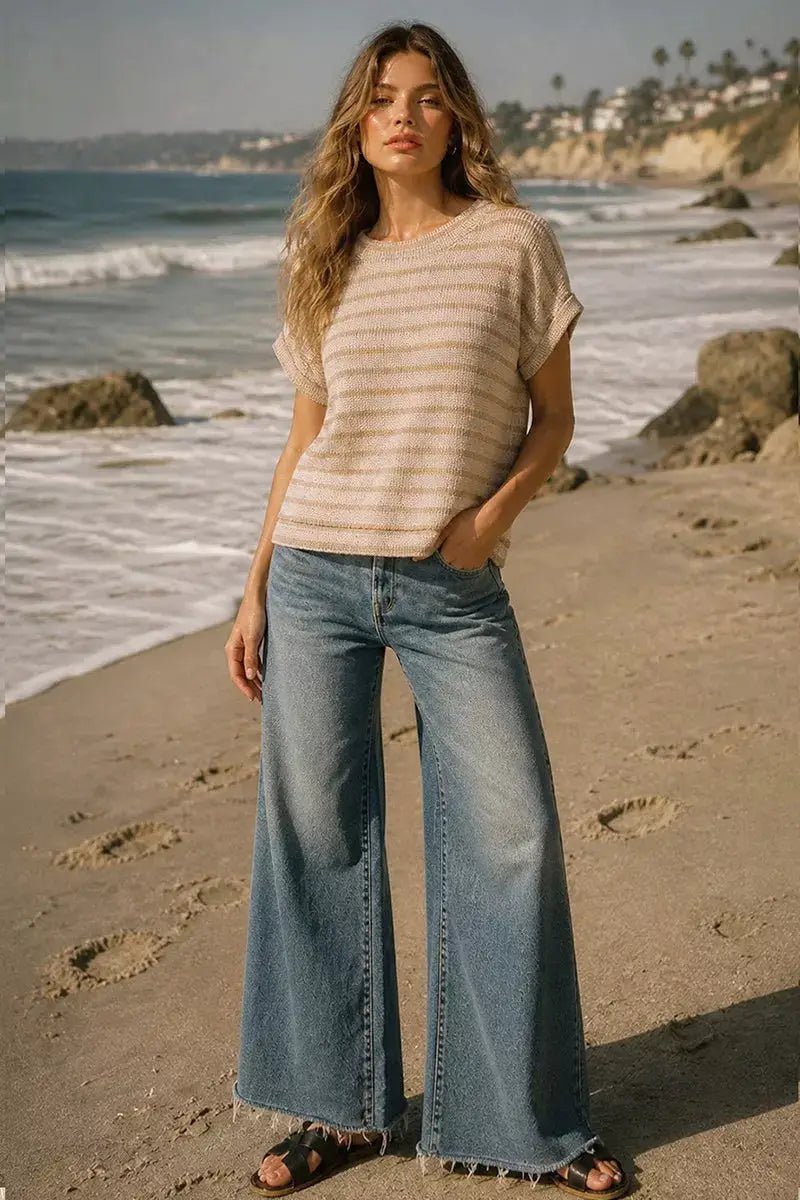 Zenana Raised Rib Stripe Knit Top For Women Soft Comfortable Casual Tee - Fritsch & Co.