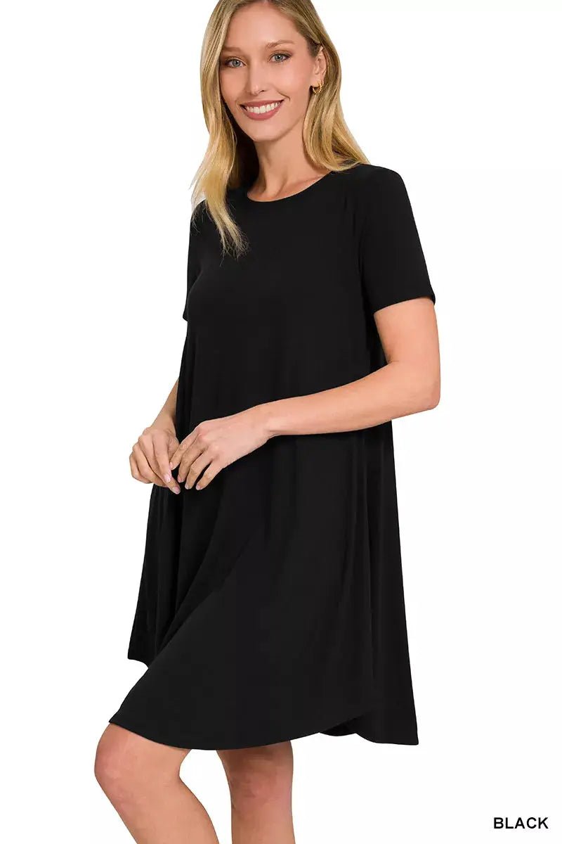 Zenana Short Sleeve Round Hem A - Line Dress with Side Pockets - Fritsch & Co.