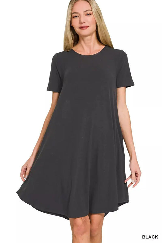 Zenana Short Sleeve Round Hem A - Line Dress with Side Pockets - Fritsch & Co.
